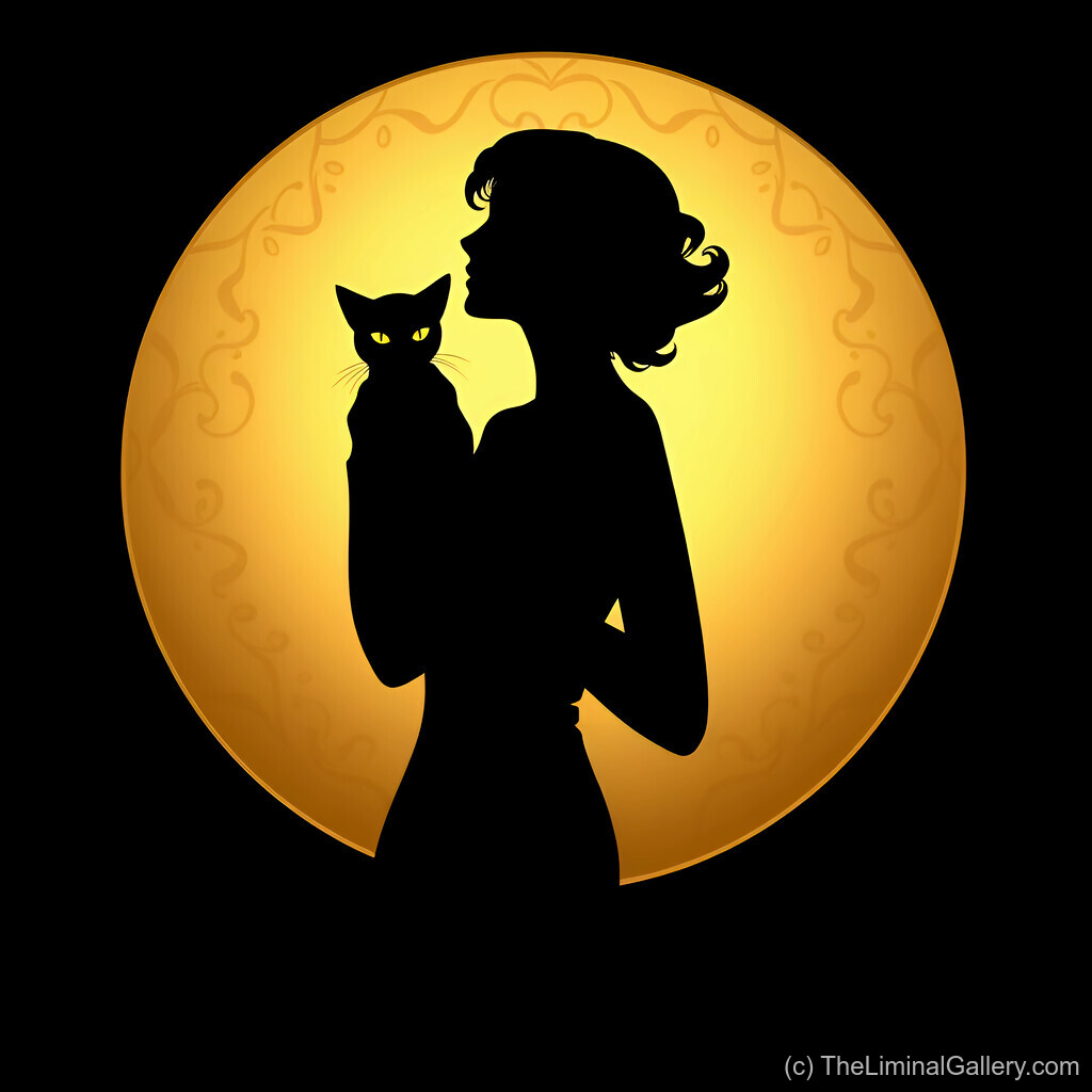 A radiant golden silhouette of a cat in art deco style, exuding mystery, elegance, and feline grace.